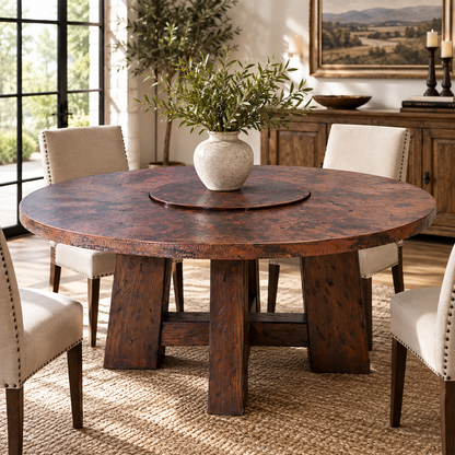 Granada Round Dining Table | Handcrafted Copper Top & Wooden Base | Revolving Server