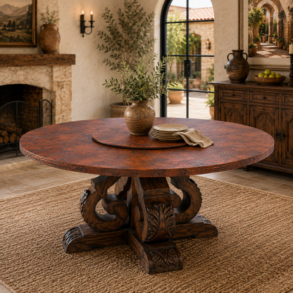 Seville Round Dining Table | Handcrafted Copper Top & Ornate Hand-Carved Wood Base | Revolving Server
