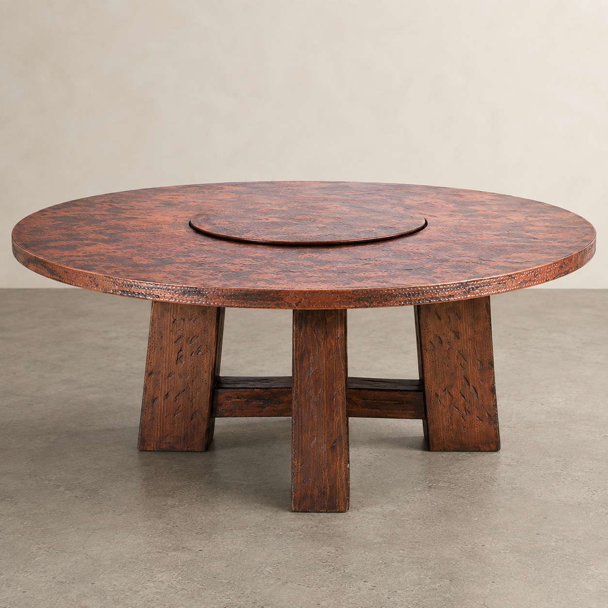Granada Round Dining Table | Handcrafted Copper Top & Wooden Base | Revolving Server