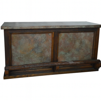 Desert Wind Rustic Home Wooden Bar with Verdi-Gris Copper Panels, Copper Top, & Log Footrail