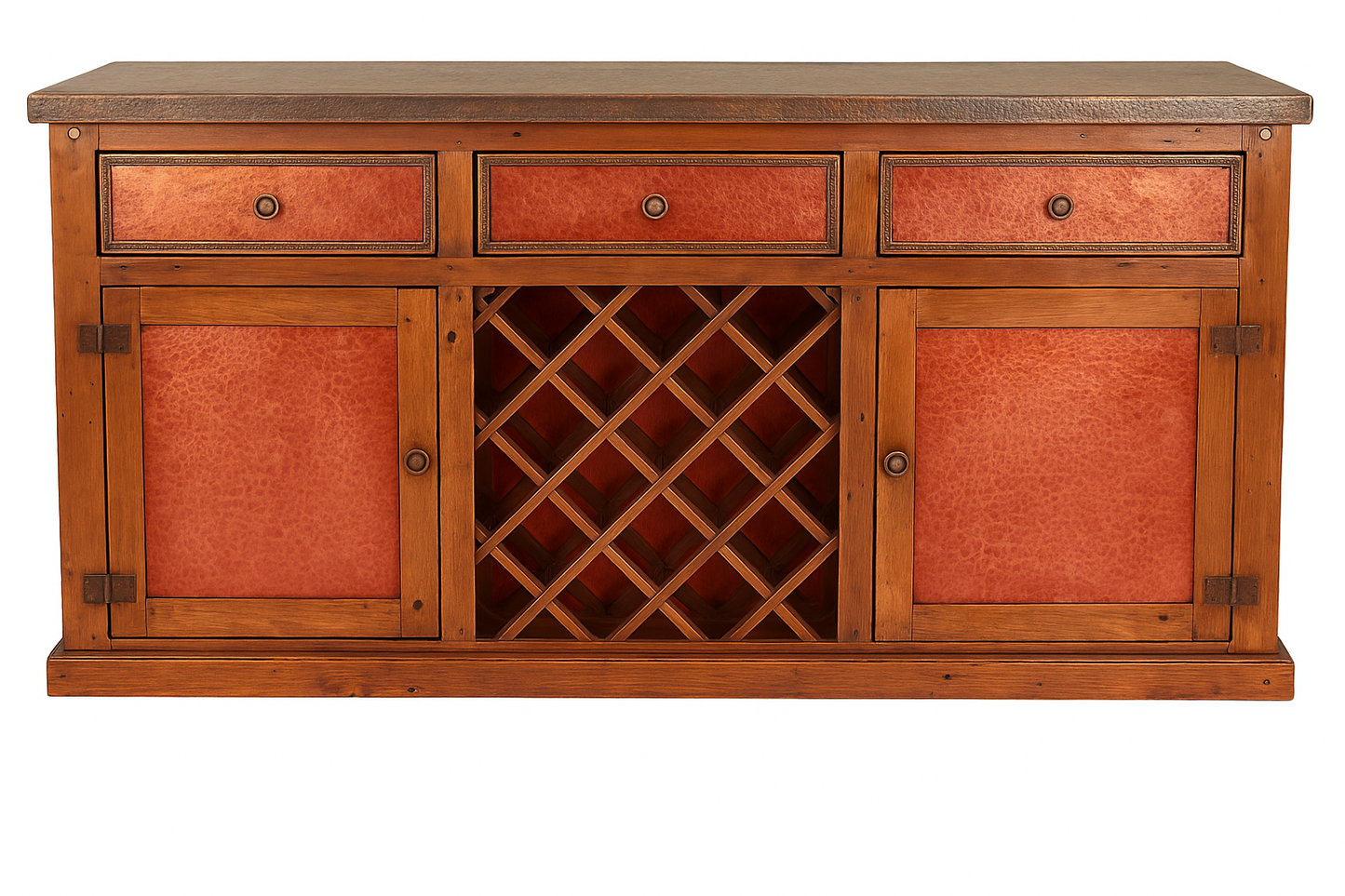 THE BLACKSMITHS RED BAR | VERDI-GRIS COPPER INSERTS, STONE TOP, FORGED IRON, WINE RACK