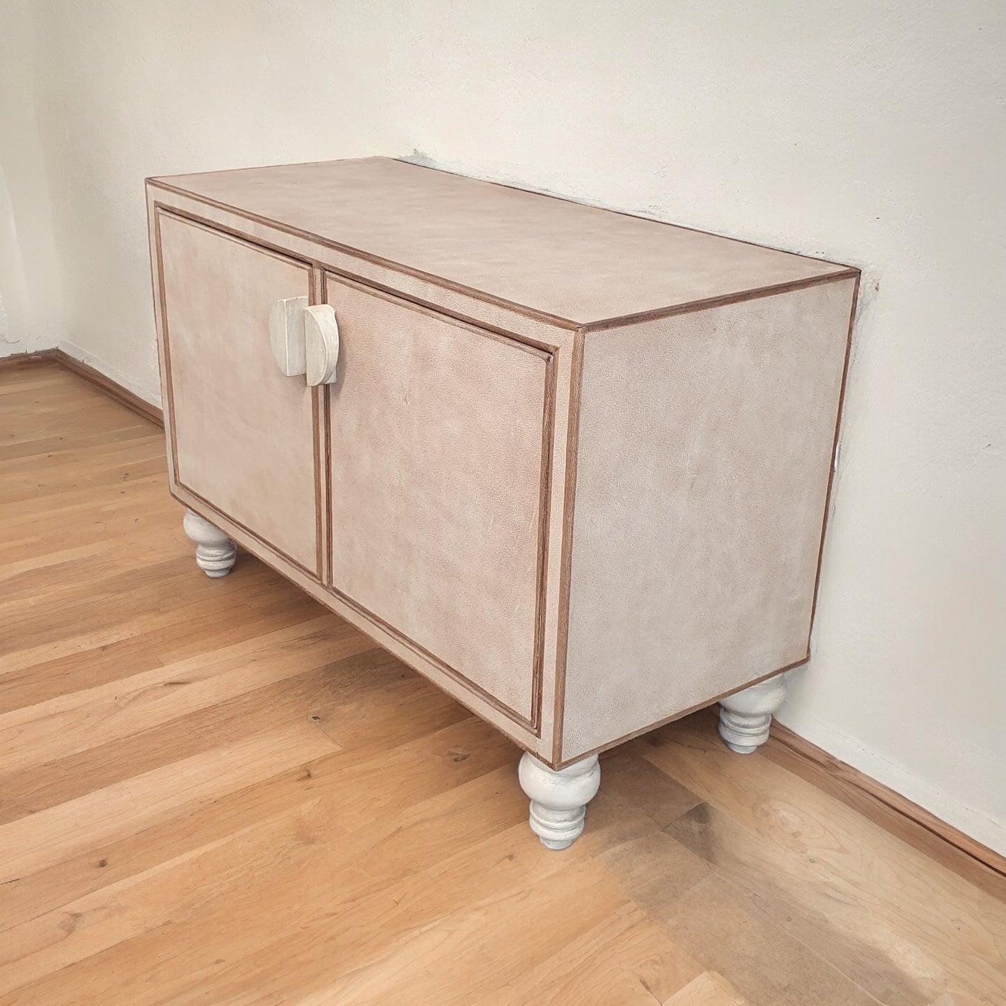 La Gacilly Chest, Beige Velvet Finish, Dual Door Cabinet With Round Knob Accent, 48W