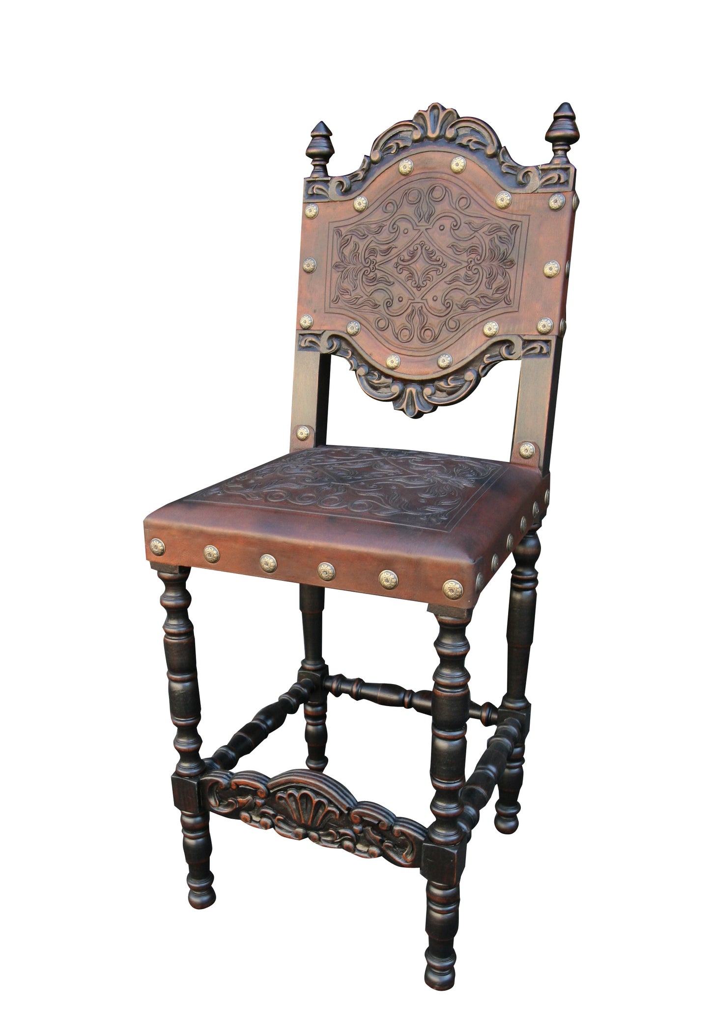 Obernai Counter Height Stools (3-Pack), Dark Brown, Brass Studded Leather Seat, Vintage Hand-Carved Detailing