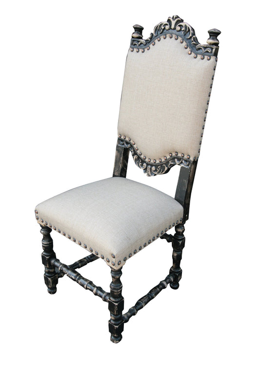 Treignac Dining Chairs (2-Pack) Beige Upholstery, Ornate Carved Back, Vintage Dark Wood Finish