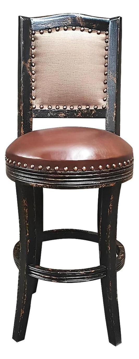 Merdrignac Barstools (3-Pack) Black Frame, Rustic Brown Leather Seat With Nailhead Trim