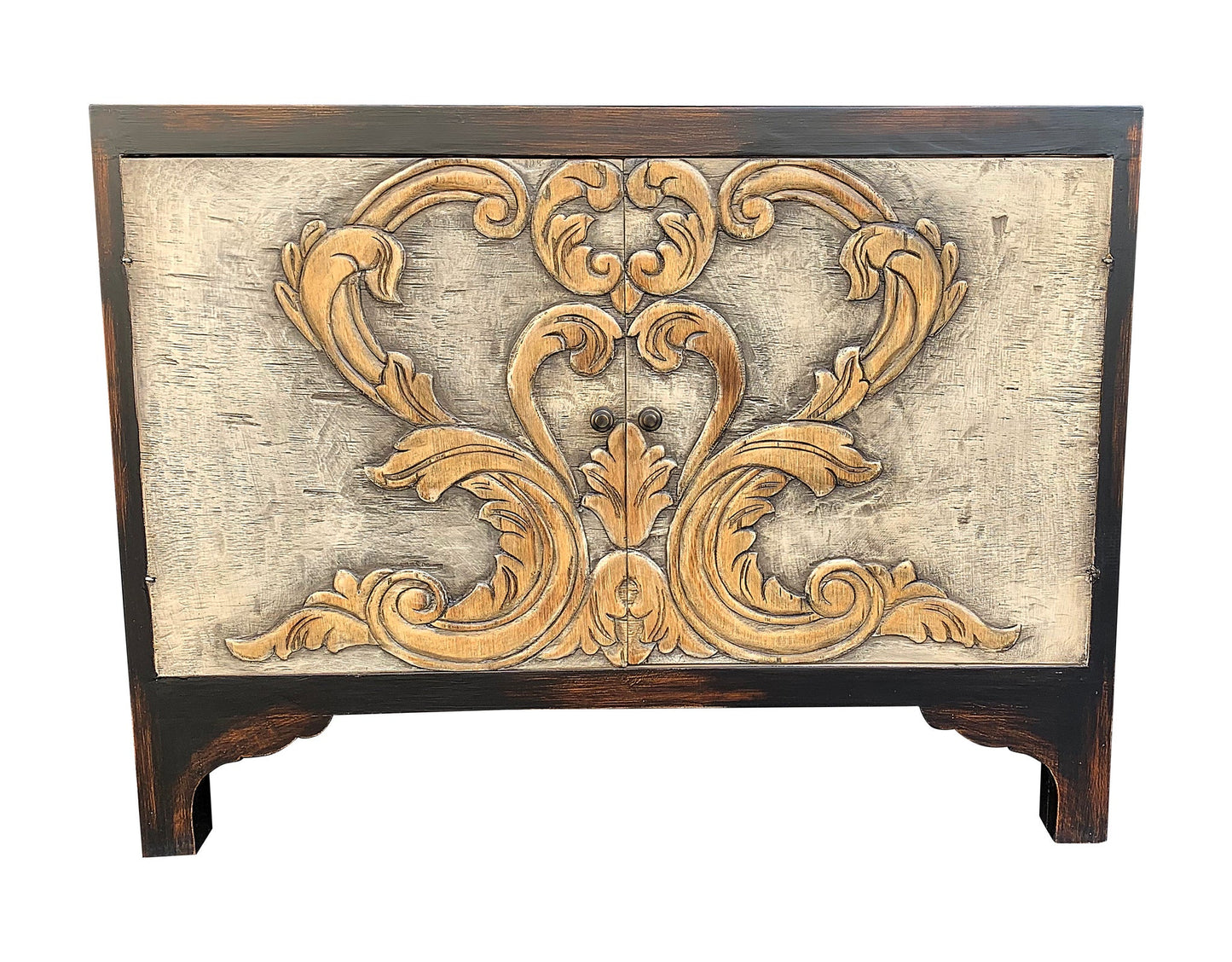 La Roque-Gageac Chest, Distressed Gray, Hand-Carved Ornate Floral Overlay, Vintage Accent Cabinet