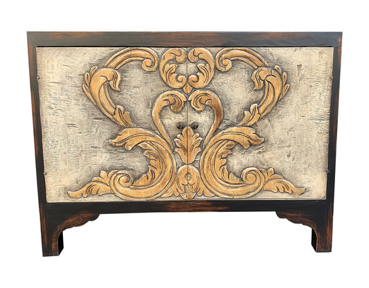 La Roque-Gageac Chest, Distressed Gray, Hand-Carved Ornate Floral Overlay, Vintage Accent Cabinet