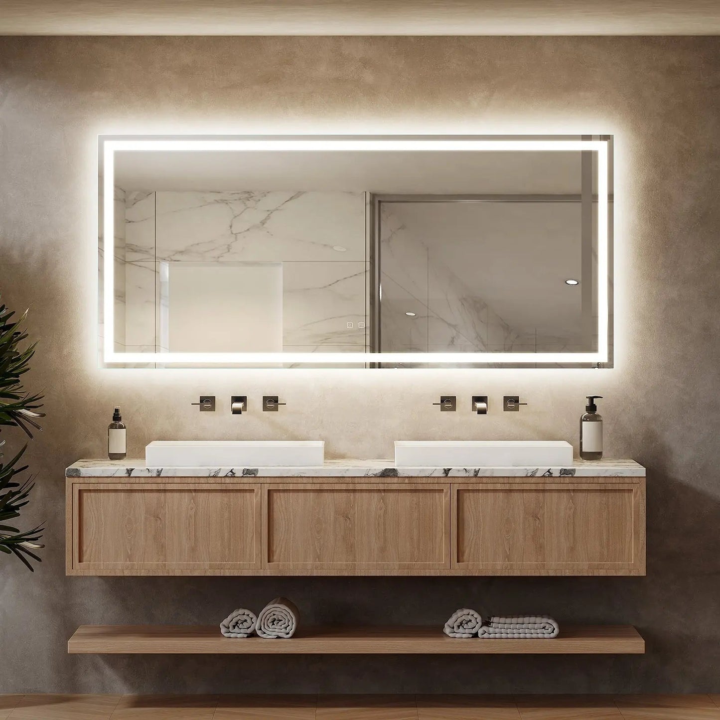 Deluxe Center Glow LED Bathroom Mirror (50+ in) - Adjustable Brightness and Color Temperature - Anti-Fog