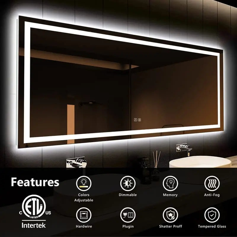 Deluxe Center Glow LED Bathroom Mirror (50+ in) - Adjustable Brightness and Color Temperature - Anti-Fog