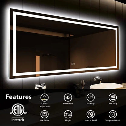 Deluxe Center Glow LED Bathroom Mirror (50+ in) - Adjustable Brightness and Color Temperature - Anti-Fog