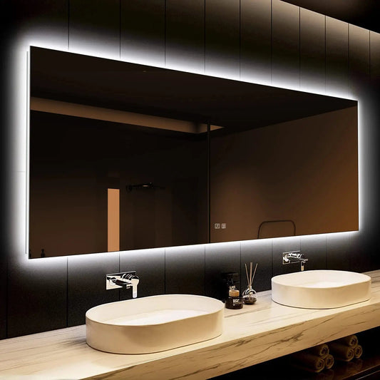Deluxe Sleek Backlit LED Bathroom Mirror (50+ in) - Adjustable Brightness and Color Temperature - Anti-Fog