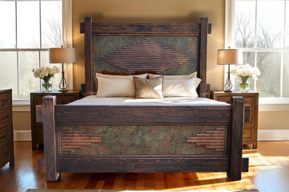 WyldRidge Southwest Rustic Handcarved Wood Bed Walnut with Copper Inlay Panels - Includes Full Service Delivery