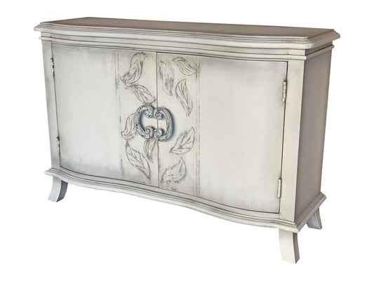 La Turbie Chest, Distressed White Finish, Hand Painted Leaf Motif On Doors, Ornate Ring Pull Hardware