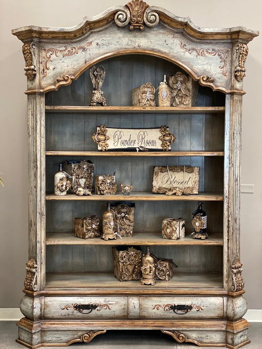 Collobrières Bookcase, Antique Blue With Gold Accents, Hand-Painted Ornate Arched Crown