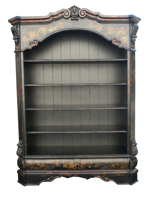 Dinan Bookcase Black, Distressed Finish With Arched Top And Antique Gold Scroll Detailing