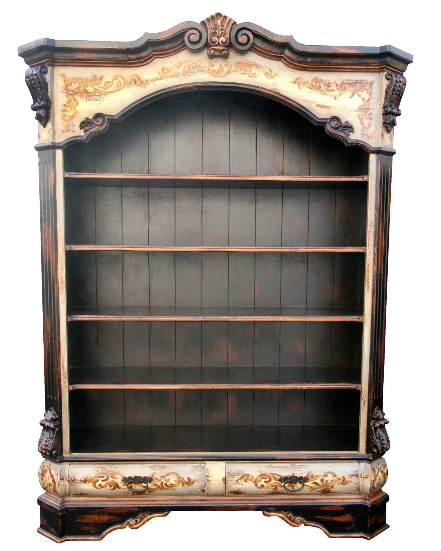 Cucuron Bookcase, Distressed Black With Antique Cream Trim, Arched Top And Carved Details