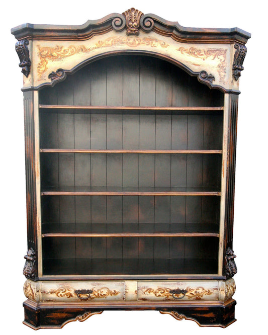 Cucuron Bookcase, Distressed Black With Antique Cream Trim, Arched Top And Carved Details