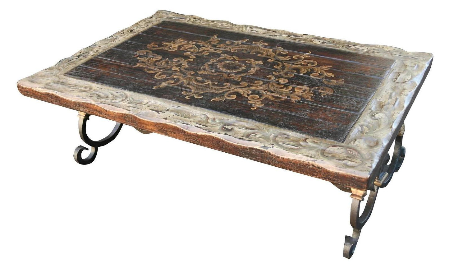 Moustiers-Sainte-Marie Coffee table - Rectangle, Dark Brown Finish, Gold Leaf Border, Iron Scroll Legs