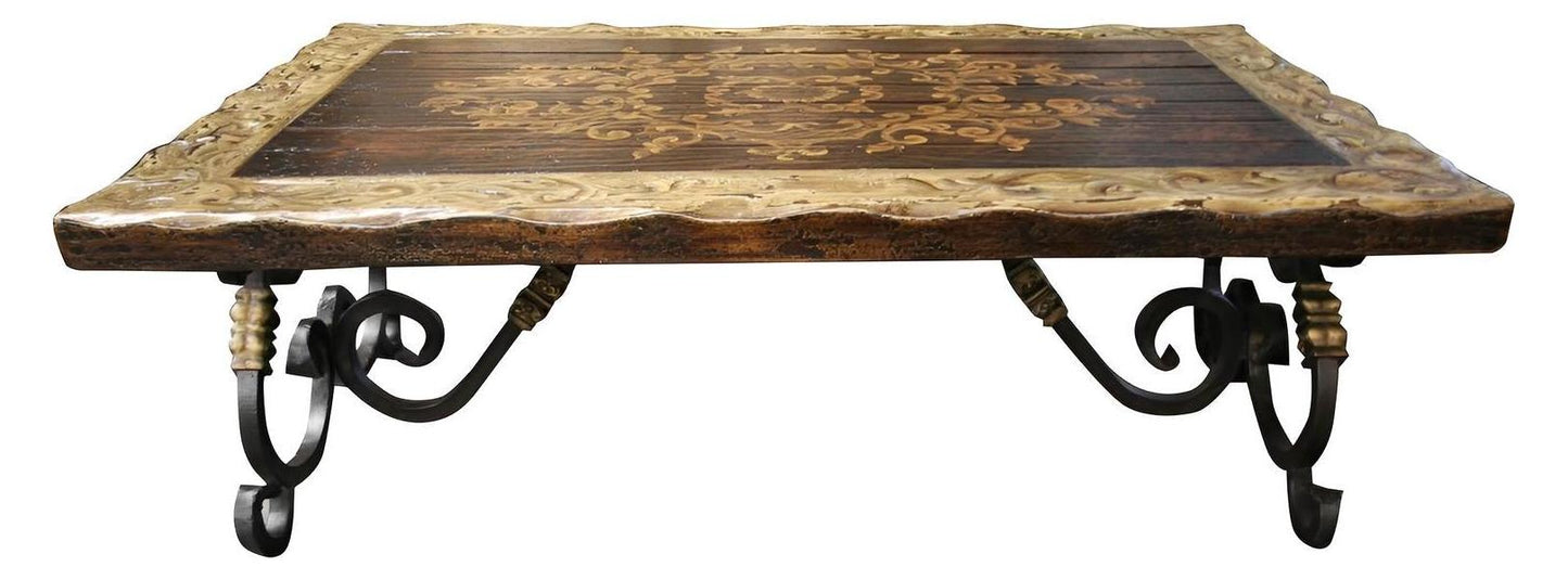 Moustiers-Sainte-Marie Coffee table - Rectangle, Dark Brown Finish, Gold Leaf Border, Iron Scroll Legs