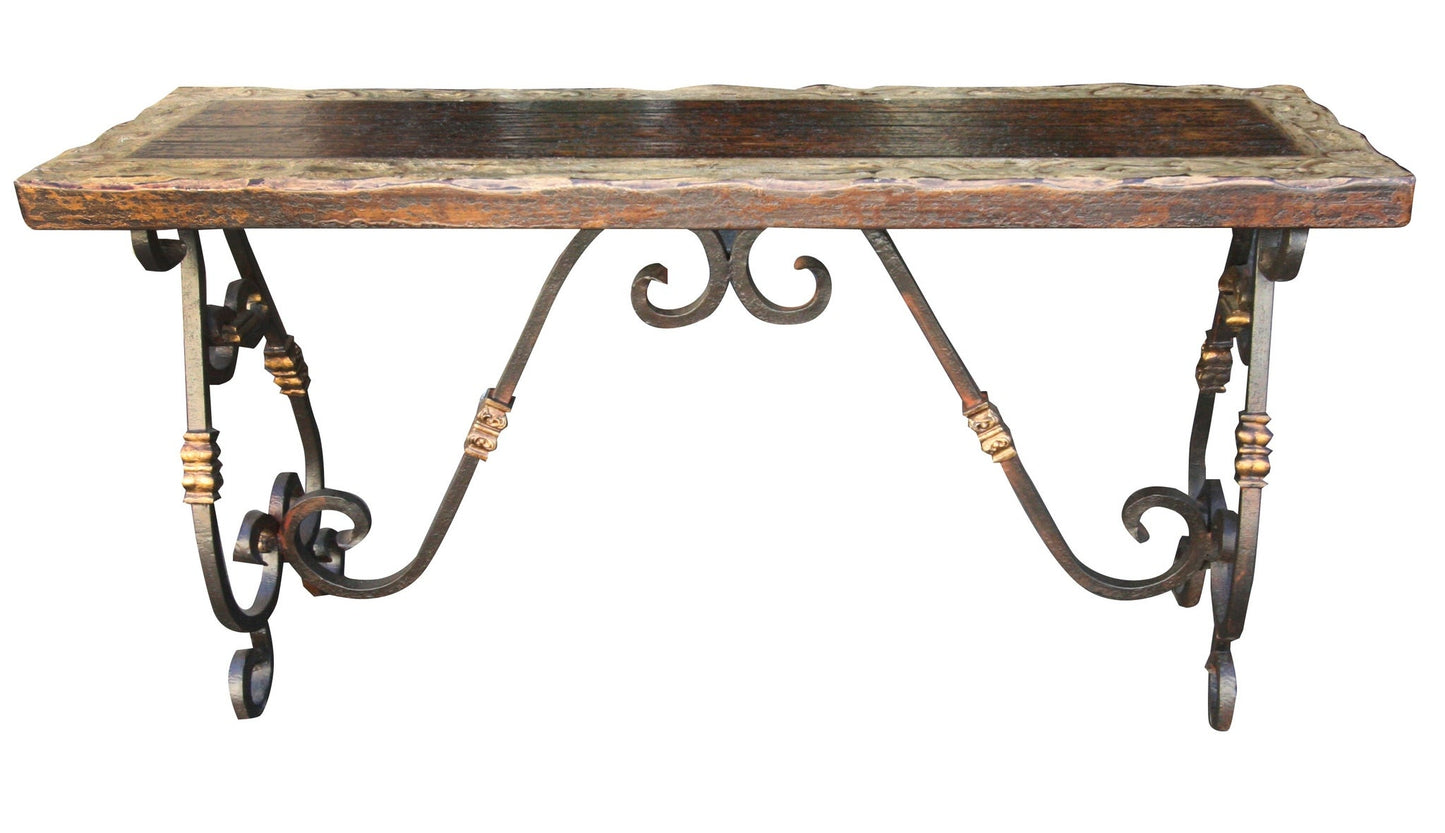 Saint-Malo Console Table, Rustic Brown Live Edge Wood Top, Hand-Forged Iron Scroll Leg Base