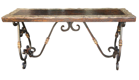 Saint-Malo Console Table, Rustic Brown Live Edge Wood Top, Hand-Forged Iron Scroll Leg Base