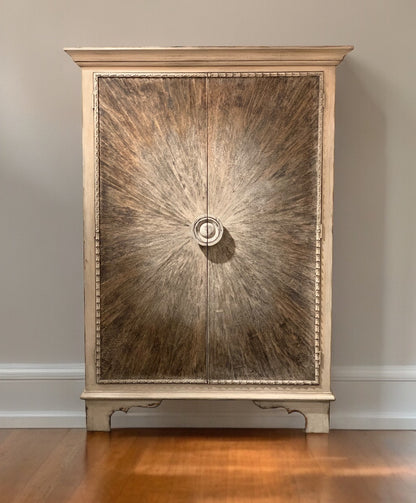 Arbois Armoire, Whitewash Finish, Sunburst Door Panels With Distressed Round Knob
