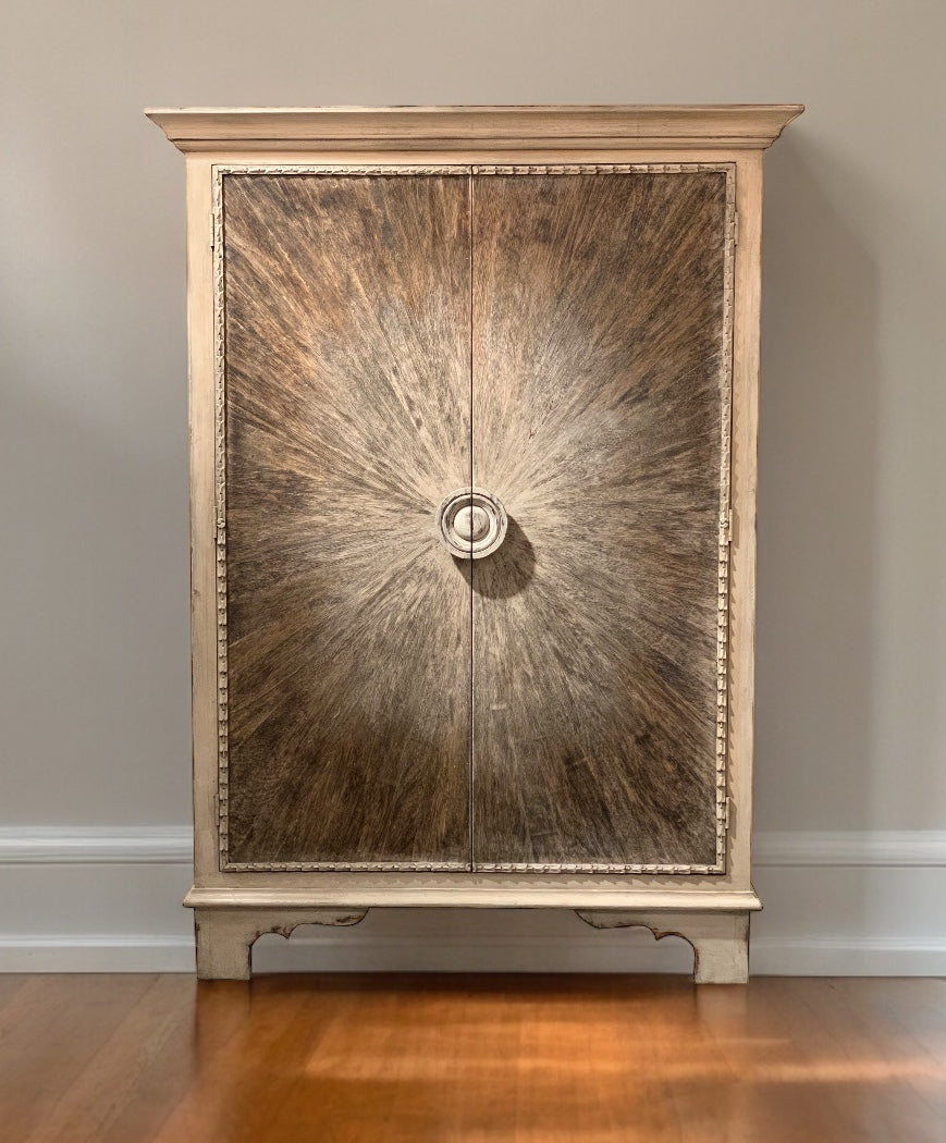 Arbois Armoire, Whitewash Finish, Sunburst Door Panels With Distressed Round Knob