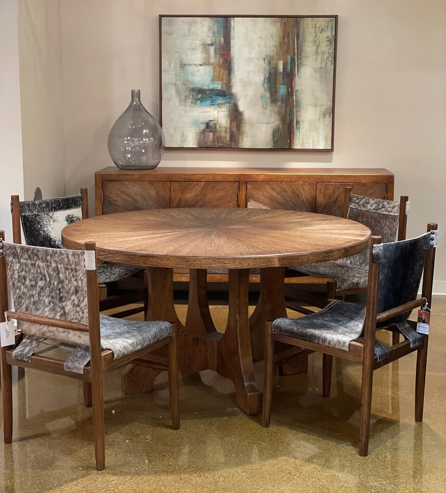 Brioude Dining Table - Round, Natural Walnut Finish, Sunburst Veneer Top, Sculpted Pedestal Base