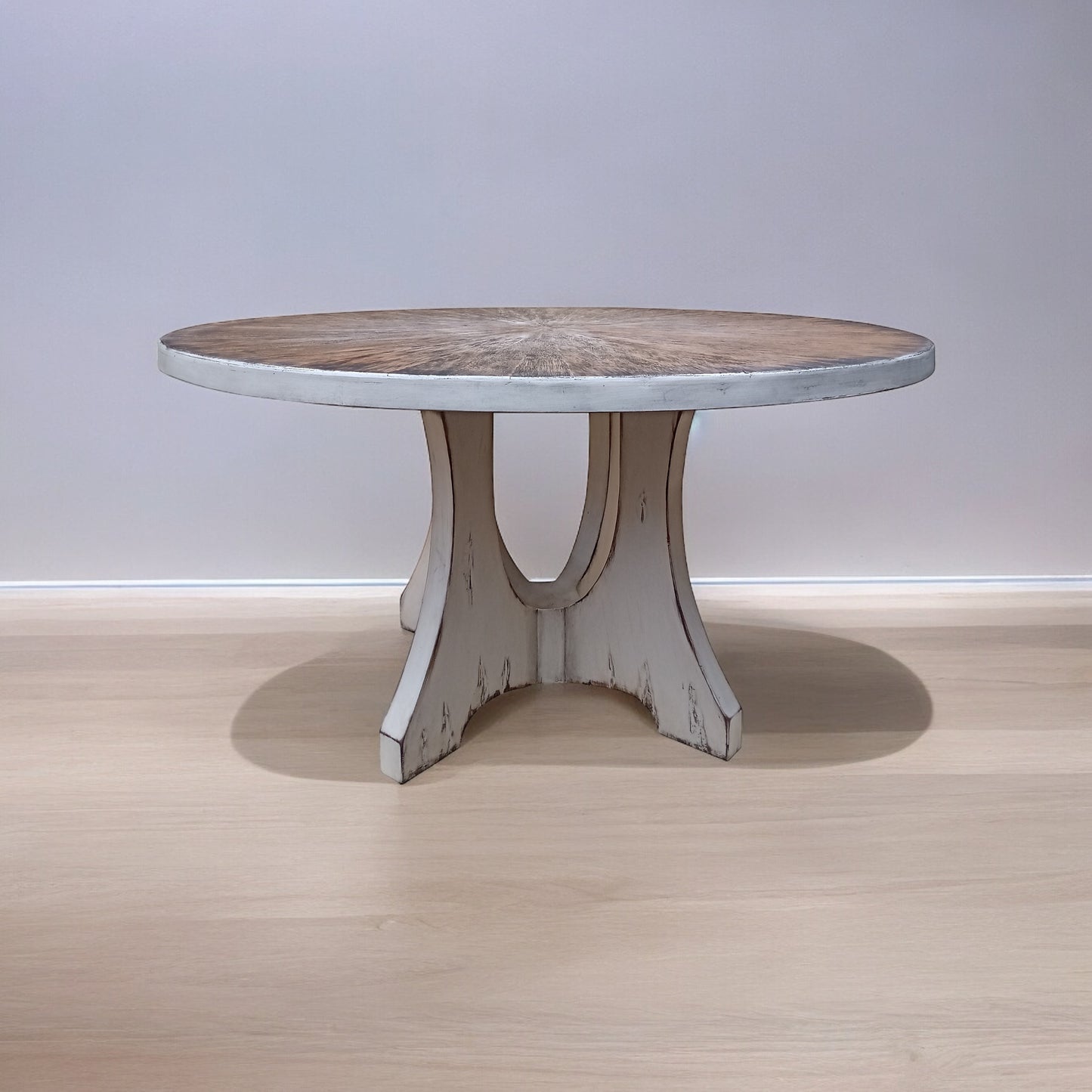 Barfleur Dining Table - Round, Weathered White, Three-arch Pedestal Base