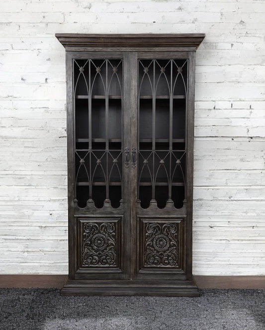 Bagnères Armoire, Dark Espresso Finish, Ornate Carved Panels With Iron Lattice Doors