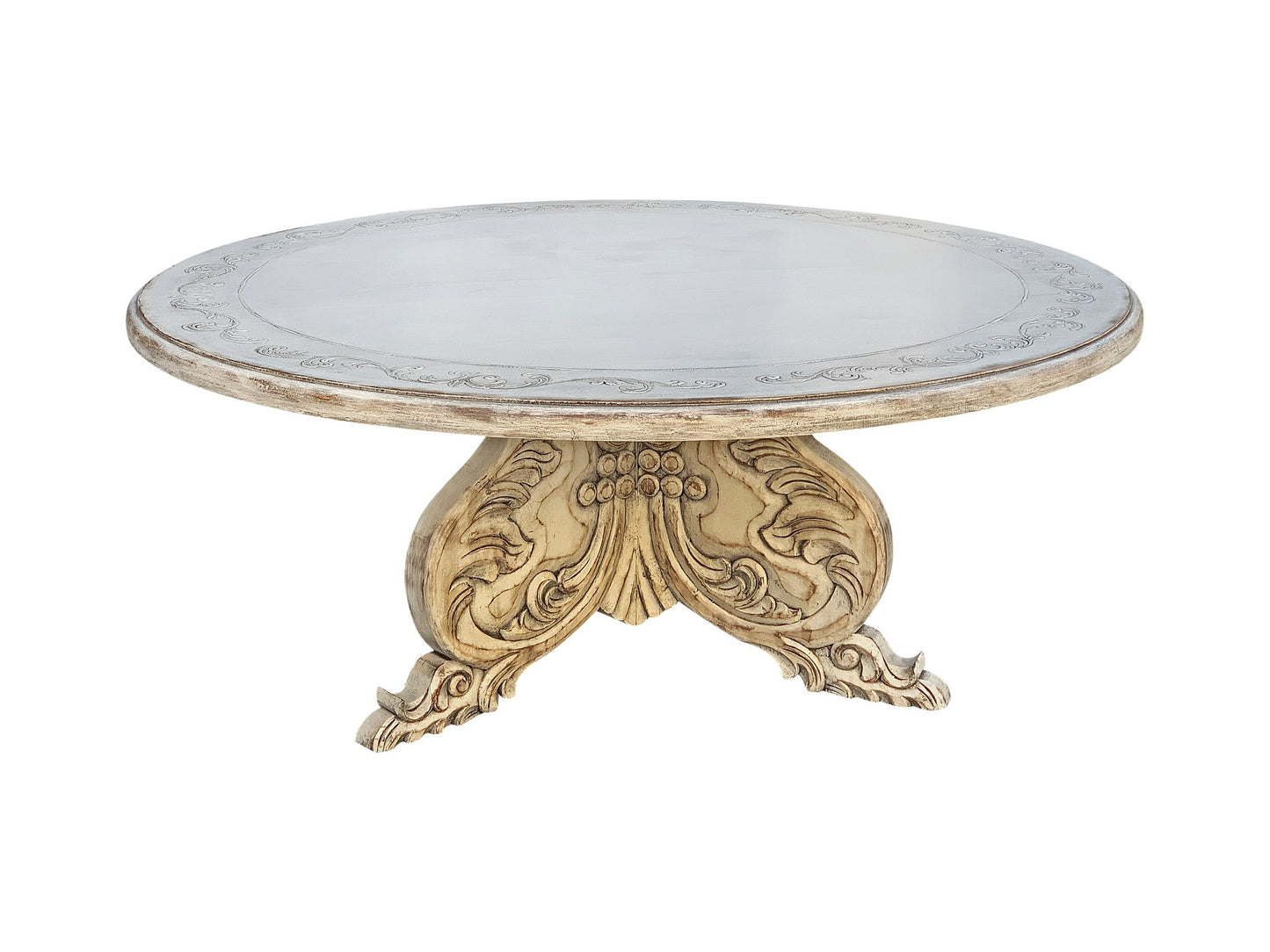 Brouage Dining Table - Round, Weathered White, Carved Pedestal Base With Scrollwork
