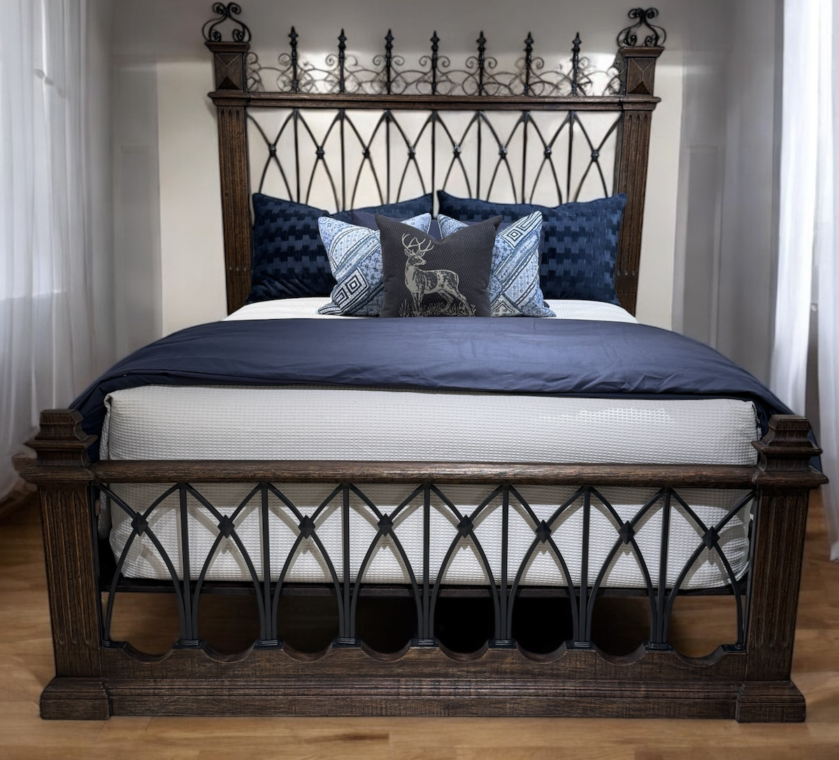 FORTALEZA KING BED 89" Tall | Wrought Iron Headboard and Footboard | Victorian Style | Dark Brown Wood Frame | Bed Only | Includes Delivery and Assembly