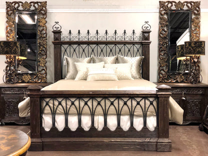 FORTALEZA KING BED 89" Tall | Wrought Iron Headboard and Footboard | Victorian Style | Dark Brown Wood Frame | Bed Only | Includes Delivery and Assembly