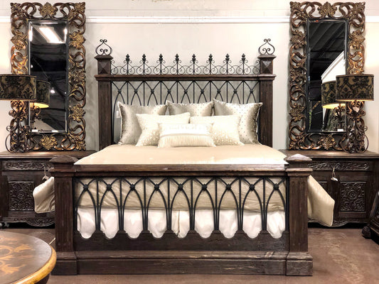 FORTALEZA KING BED 89" Tall | Wrought Iron Headboard and Footboard | Victorian Style | Dark Brown Wood Frame | Bed Only | Includes Delivery and Assembly