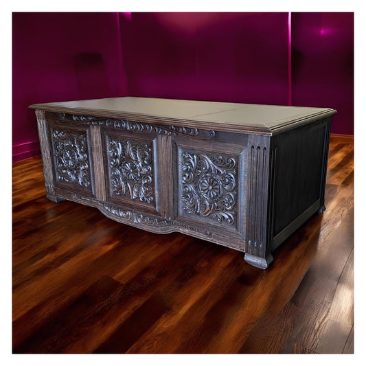 Alet-les-Bains Executive Office Desk, Dark Brown, Hand-Carved Floral Panels