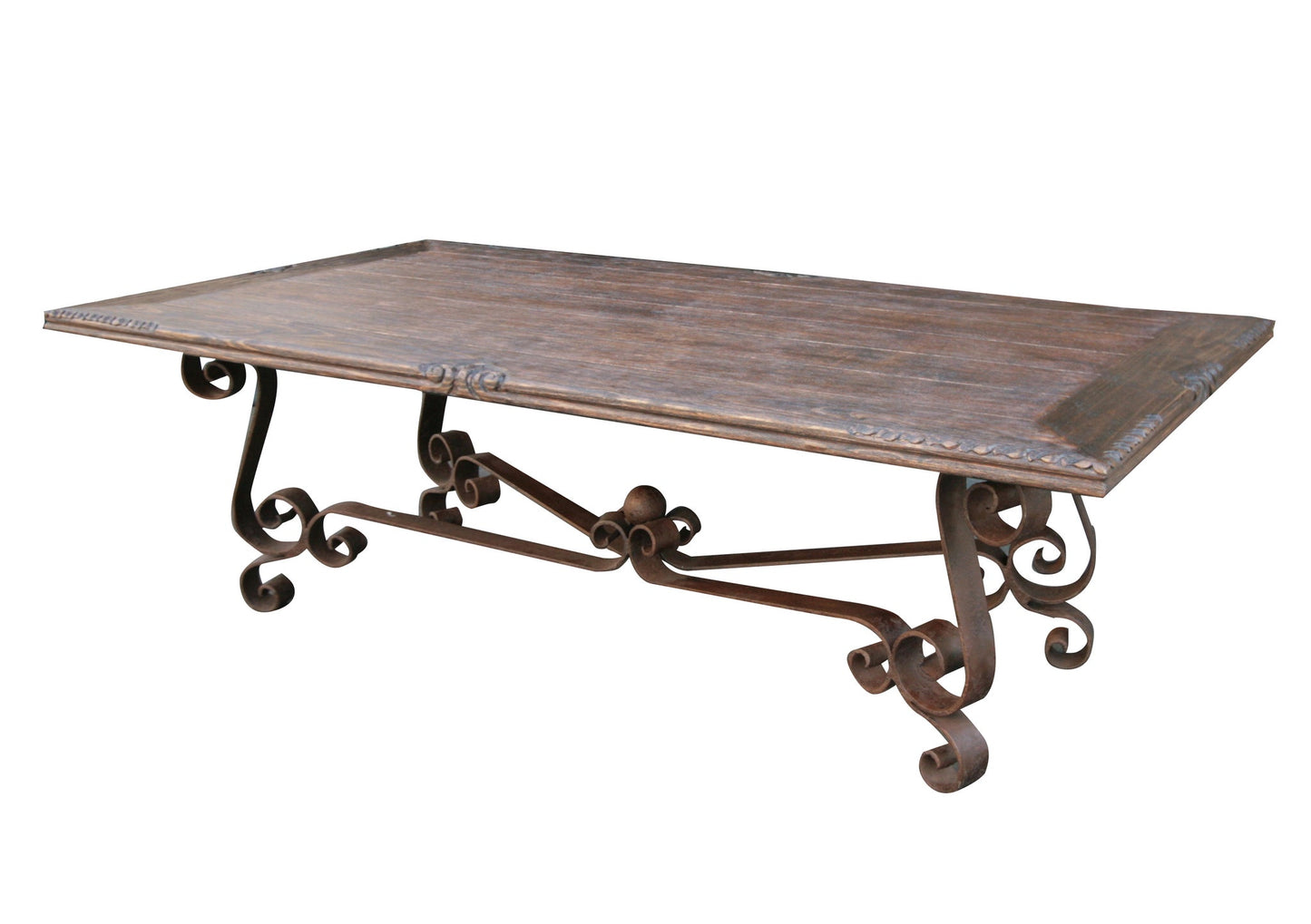 Yvoire Dining Table - Rectangular, Rustic Brown Finish, Hand-Forged Scrollwork Iron Base