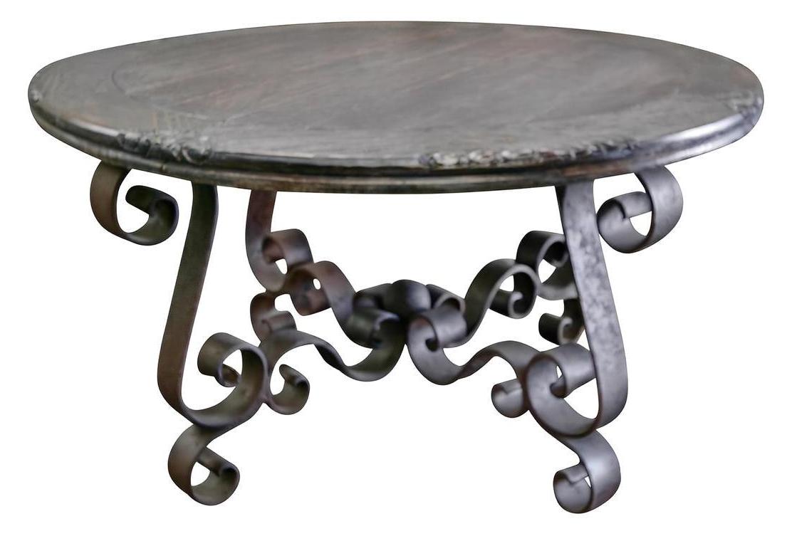 Château-Gontier Dining Table - Round, Antique Black, Hand-Forged Wrought-Iron Scroll Base