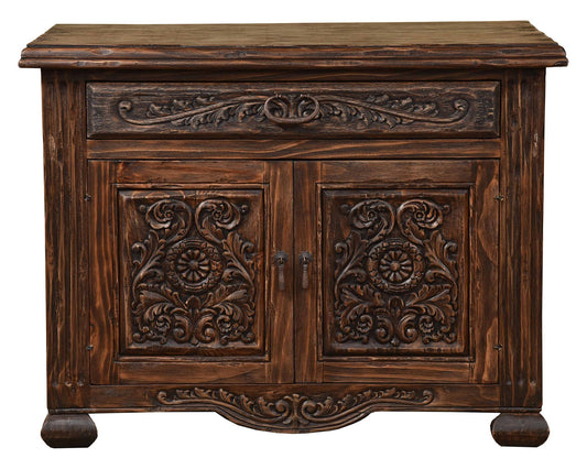 Dourgne Nightstands (2-Pack), Dark Walnut Finish, Hand Carved Floral Panel Front