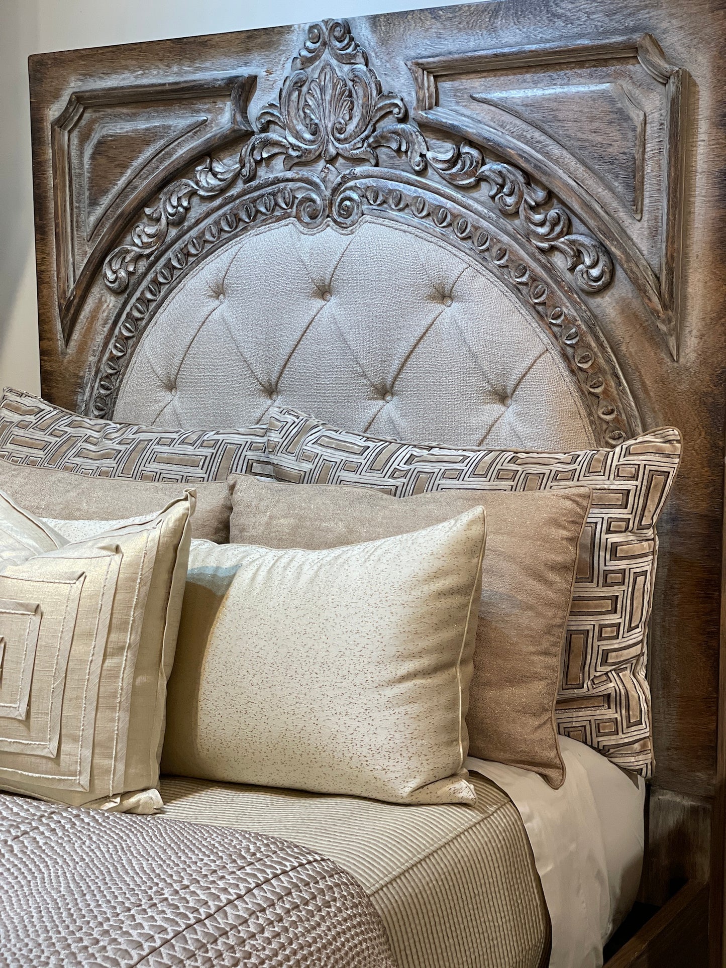 FRANCESCA KING BED 87" Tall | Carved Headboard with Tufted Tan Fabric | Rustic Distressed Finish | Brown Wood | Bed Only | Includes Delivery and Assembly
