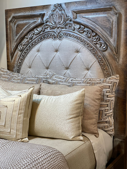 FRANCESCA KING BED 87" Tall | Carved Headboard with Tufted Tan Fabric | Rustic Distressed Finish | Brown Wood | Bed Only | Includes Delivery and Assembly