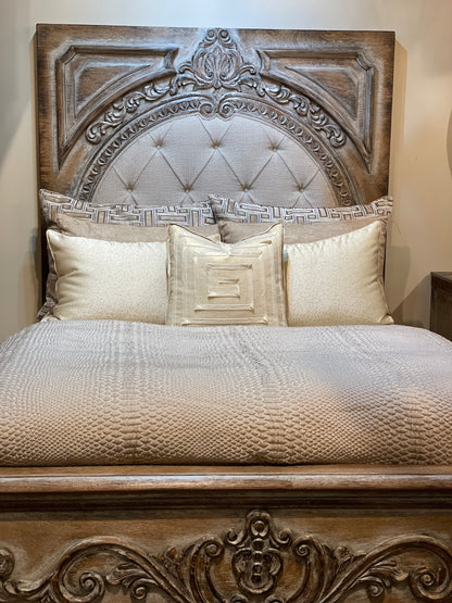 FRANCESCA KING BED 87" Tall | Carved Headboard with Tufted Tan Fabric | Rustic Distressed Finish | Brown Wood | Bed Only | Includes Delivery and Assembly