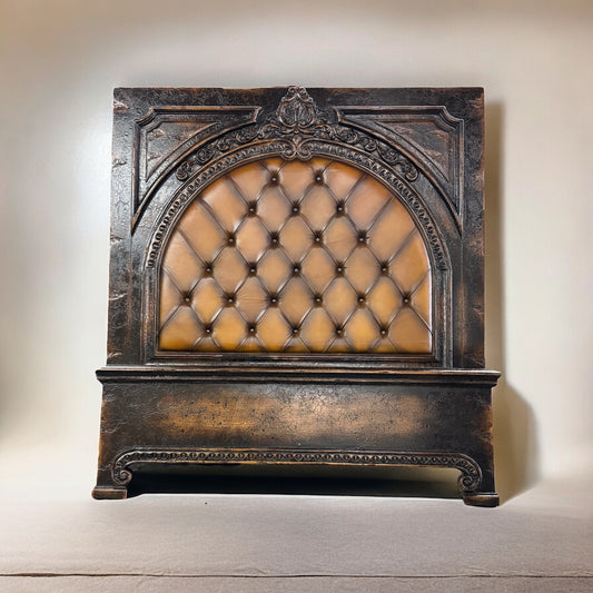 FRANCESCA KING BED 87" Tall | Carved Headboard with Tufted Tan Leather | Rustic Distressed Finish | Dark Brown Wood | Bed Only | Includes Delivery and Assembly