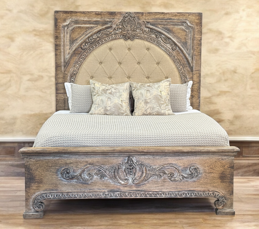 FRANCESCA KING BED 87" Tall | Carved Headboard with Tufted Tan Fabric | Rustic Distressed Finish | Brown Wood | Bed Only | Includes Delivery and Assembly
