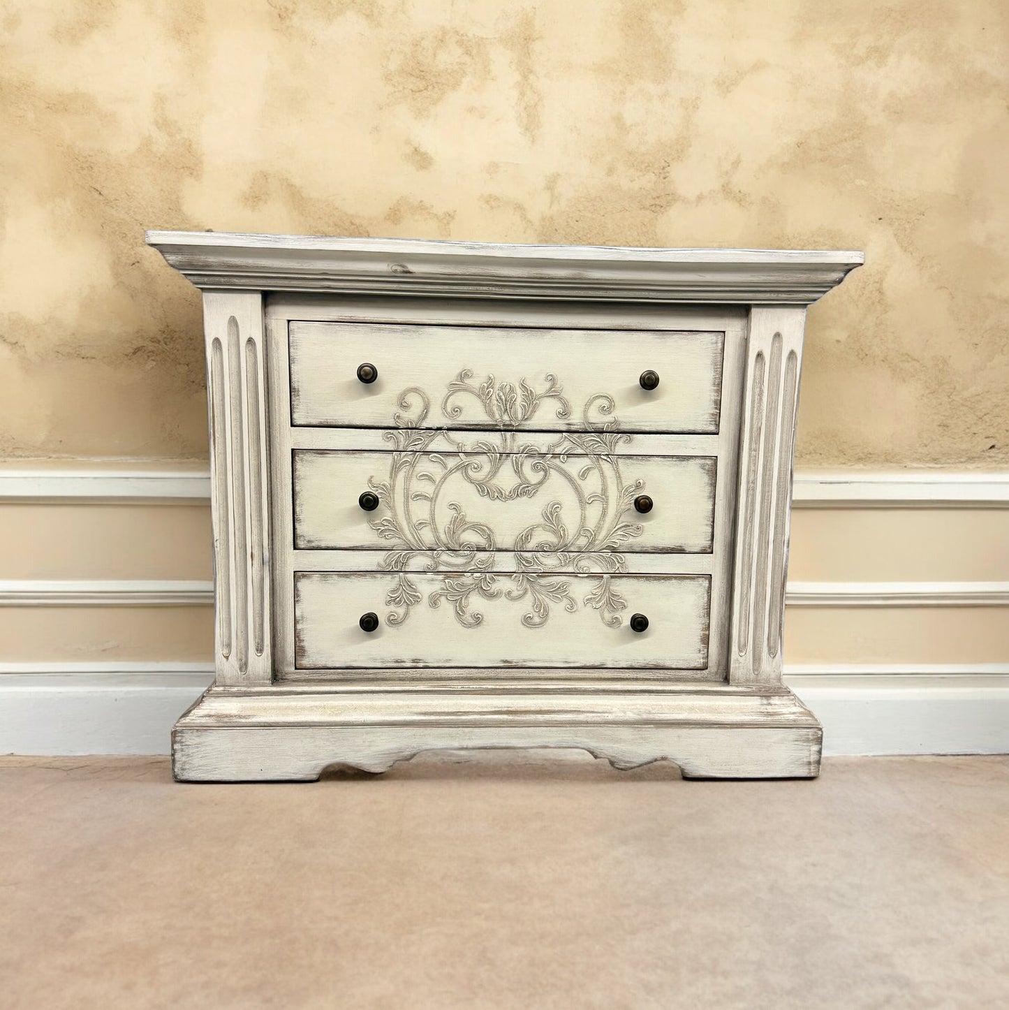 Fontainebleau Nightstands (2-Pack), Distressed White Finish, Three-Drawer With Ornate Floral Carving