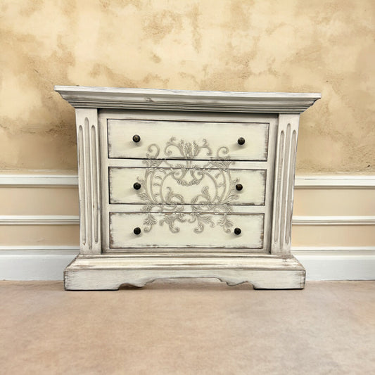 Fontainebleau Nightstands (2-Pack), Distressed White Finish, Three-Drawer With Ornate Floral Carving