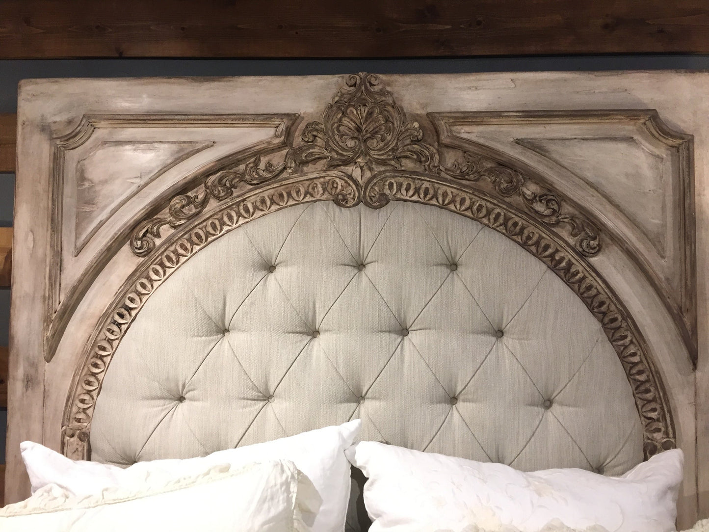 FRANCESCA KING BED 87" Tall | Carved Headboard with Tufted White Fabric | Rustic Distressed Finish | Waxed Off-White Wood | Bed Only | Includes Delivery and Assembly