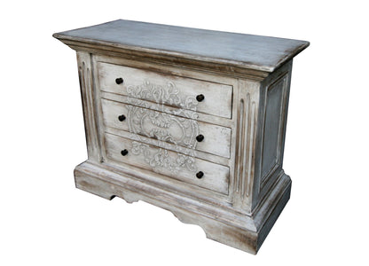 Fontainebleau Nightstands (2-Pack), Distressed White Finish, Three-Drawer With Ornate Floral Carving