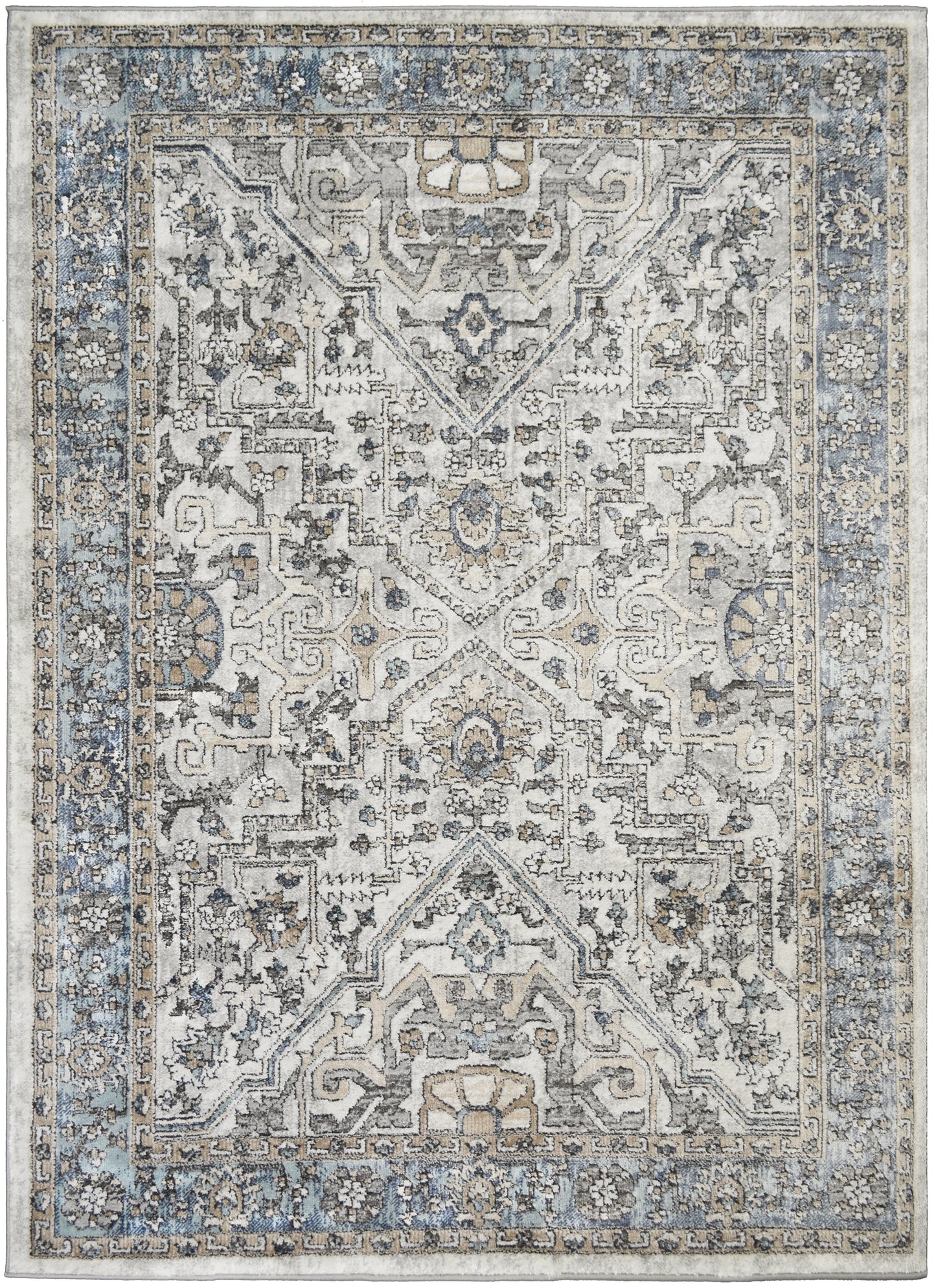 Firenze Area Rug Noble Ivory/Blue 5'3"x7'3" Traditional Design, Low-Profile 9mm pile height, Thin