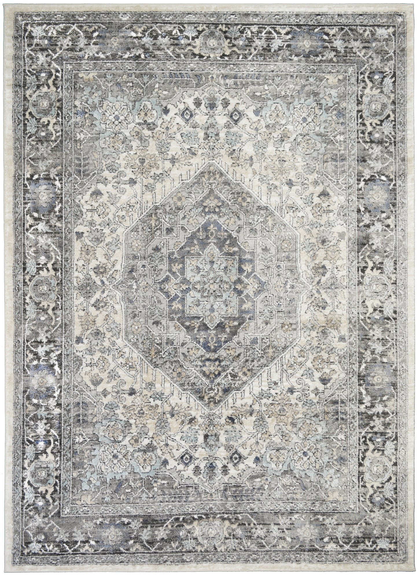 Firenze Area Rug Rosetta Ivory/Gray 7'10"x9'10" Traditional Design, Low-Profile 9mm pile height, Thin