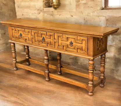 Saint-Suliac Console Table, Antique Brown, Carved Front Panels With Metal Ring Pulls